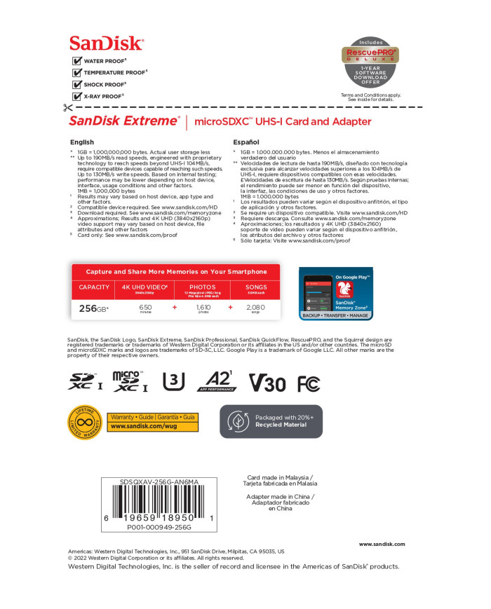 SANDISK TARJETA DE MEMORIA MICROSD 256GB 190MB/s V30 A2 U3 (EXTREME)