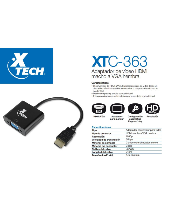 XTECH ADAPTADOR DE VIDEO HDMI A VGA (XTC-363)