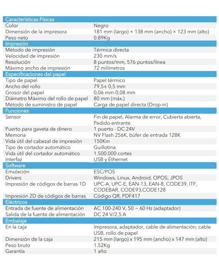 3NSTAR IMPRESORA TERMICA POS 80MM USB & LAN (RPT004)