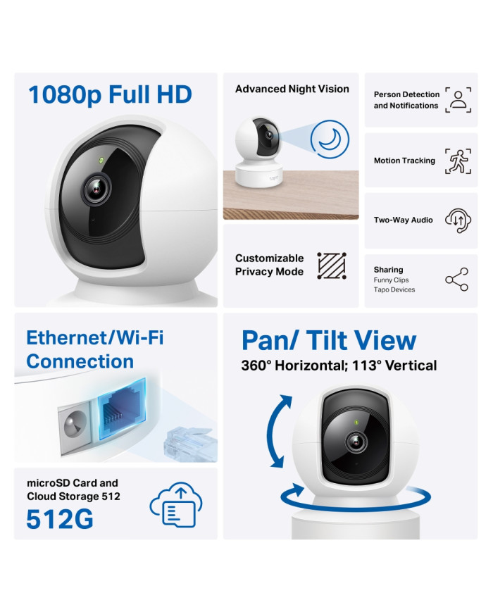 TP-LINK TAPO CAMARA DE SEGURIDAD 2MP WIFI/LAN GIRATORIA INTERIOR (C202)