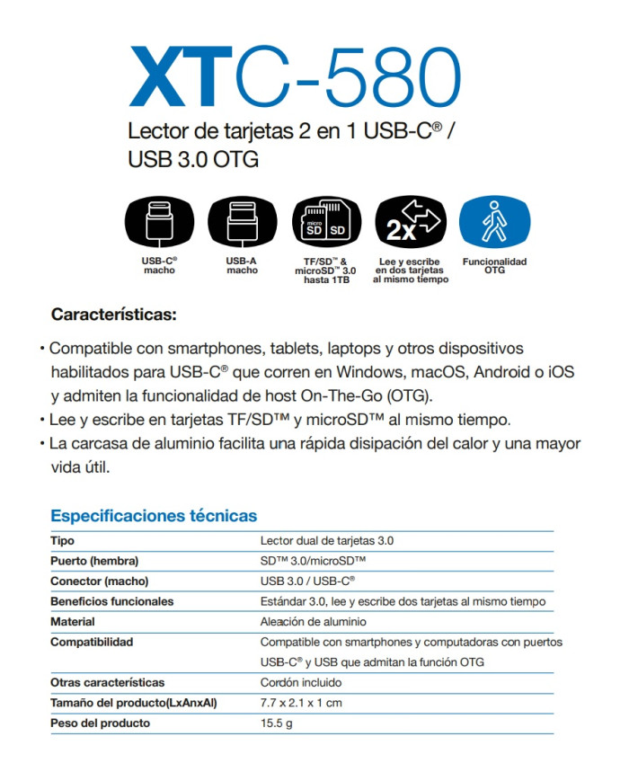 XTECH LECTOR TARJETA DE MEMORIA 2 en 1 (XTC-580)
