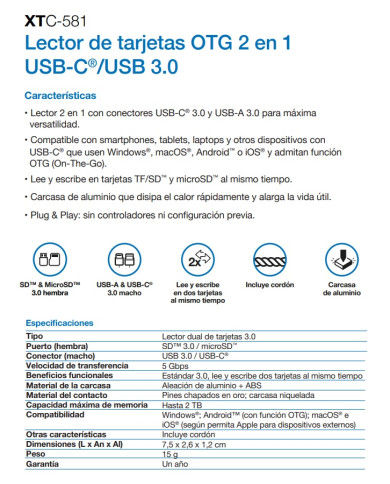 XTECH LECTOR TARJETA DE MEMORIA 2 en 1 (XTC-581)