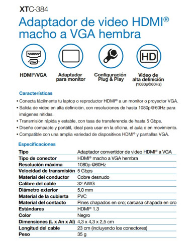 XTECH ADAPTADOR DE VIDEO HDMI A VGA (XTC-384)