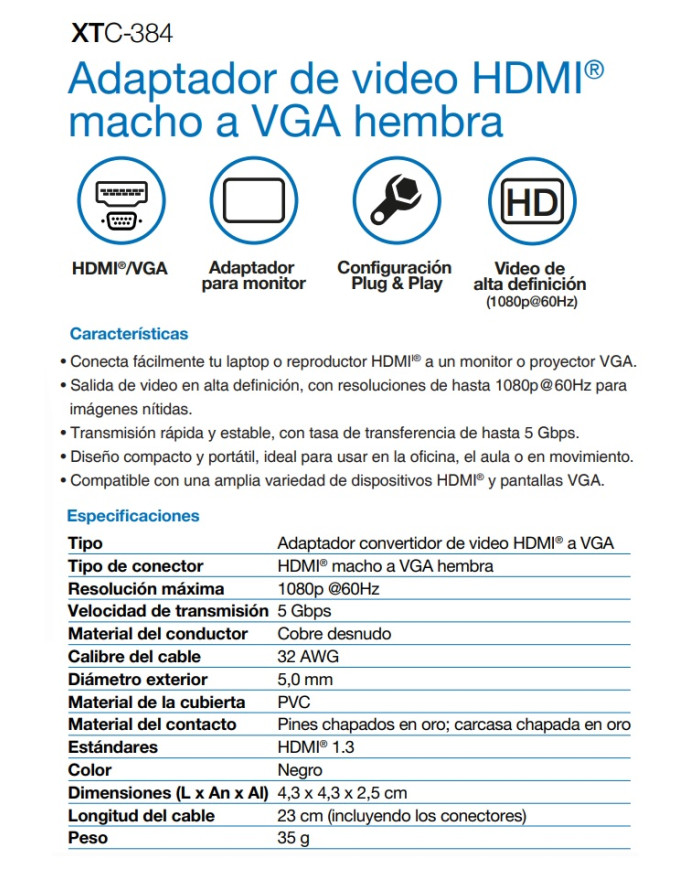 XTECH ADAPTADOR DE VIDEO HDMI A VGA (XTC-384)