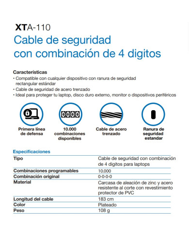 XTECH CABLE DE SEGURIDAD CON COMBINACION (XTA-110)