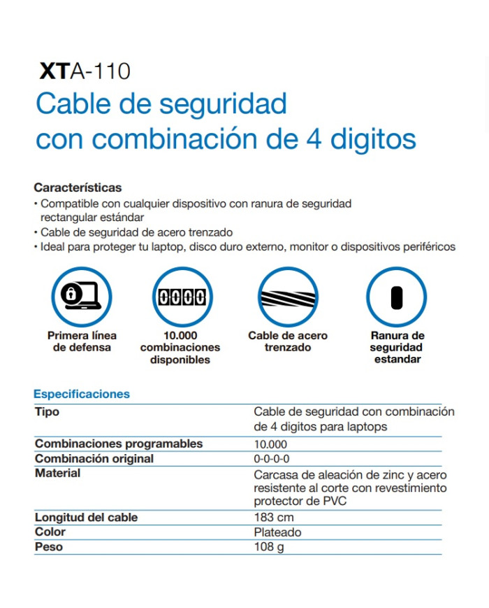 XTECH CABLE DE SEGURIDAD CON COMBINACION (XTA-110)